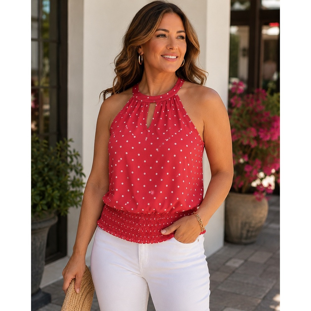 INC Polka Dot Halter Top Womens XL Pink White NWT Smocked Blouson Blouse